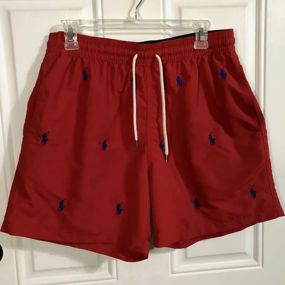 Polo Ralph Lauren Swim Trunks L Red All Over Pony Logo Traveler Board Shorts